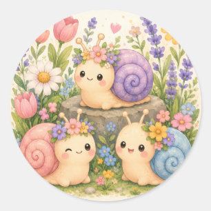 Cute kawaii snails with flowers classic round sticker