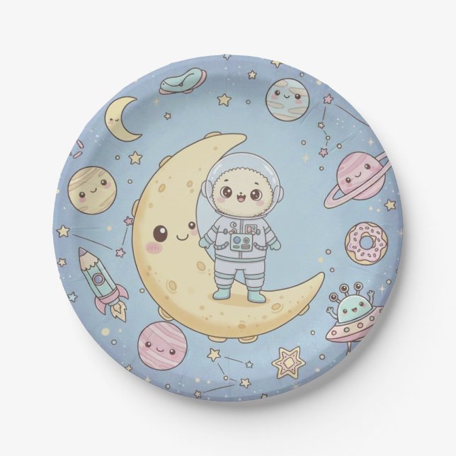 Cute Kawaii Space - Astronaut and Smiling Moon Paper Plate (Front)
