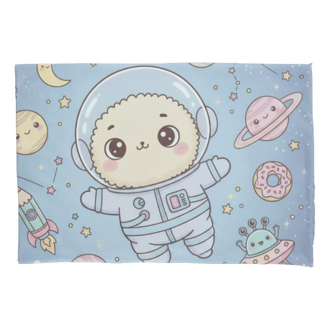 Cute Kawaii Space - Astronaut and Smiling Moon Pillowcase (Front)