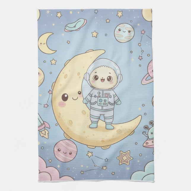 Cute Kawaii Space - Astronaut and Smiling Moon Tea Towel (Vertical)