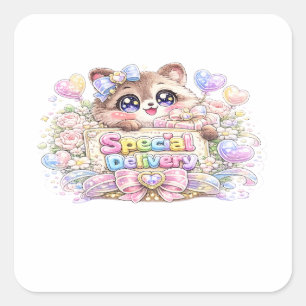 Cute Kawaii Special Delivery Cat Pastel Pink Busin Square Sticker