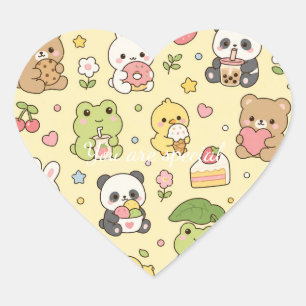 Cute Kawaii Spring Animal Friends Pattern Pastel Heart Sticker