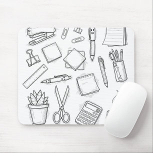 Cute Kawaii Stationery Doodles Black and White Off Mouse Pad