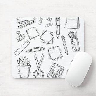 Cute Kawaii Stationery Doodles Black and White Off Mouse Pad