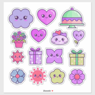 Cute Kawaii Stickers Set With Hearts Flowers