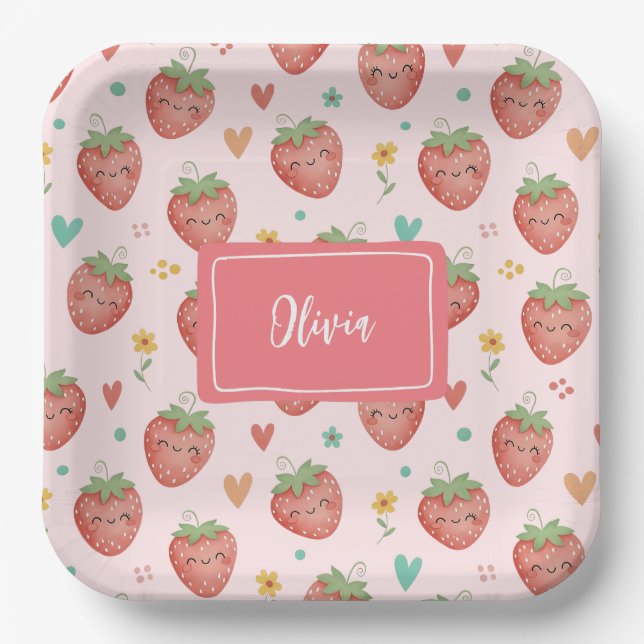 Cute Kawaii Strawberries Paper Plate (Front)