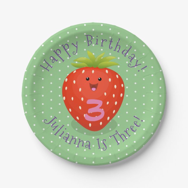 Cute kawaii strawberry cartoon illustration paper plate (Front)