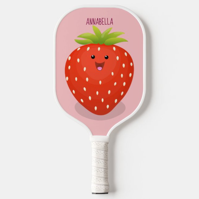 Cute kawaii strawberry cartoon illustration  pickleball paddle (Front)