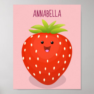 Cute kawaii strawberry cartoon illustration poster