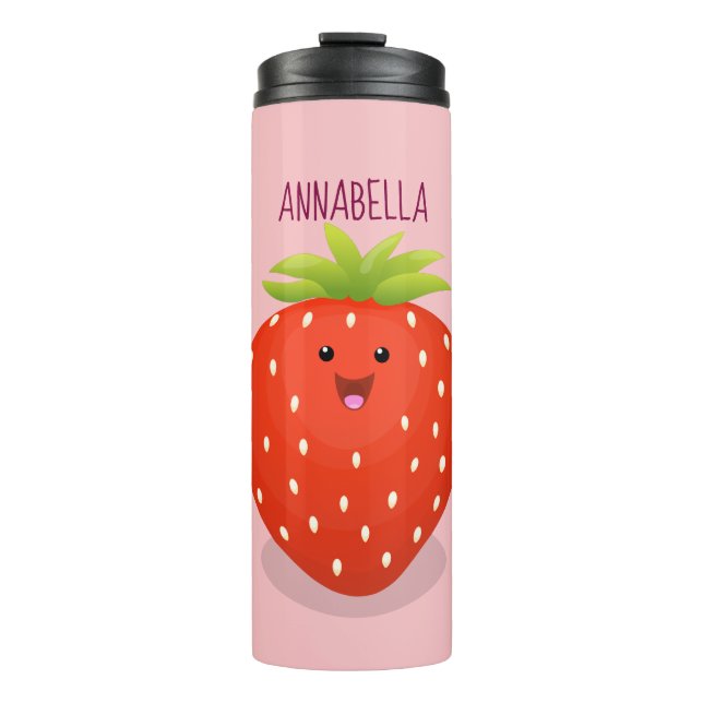 Cute kawaii strawberry cartoon illustration thermal tumbler (Front)