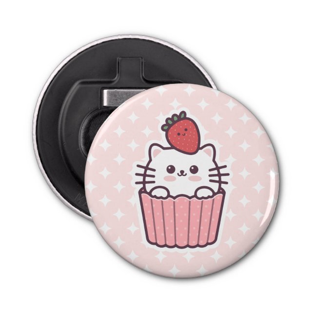 Cute Kawaii Strawberry Cat Cupcake Cartoon Bottle Opener (Front)
