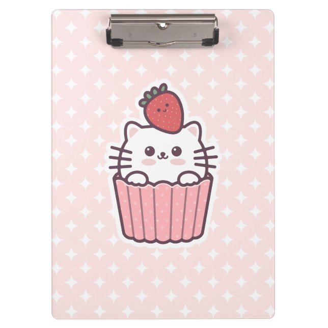 Cute Kawaii Strawberry Cat Cupcake Cartoon Clipboard (Front)
