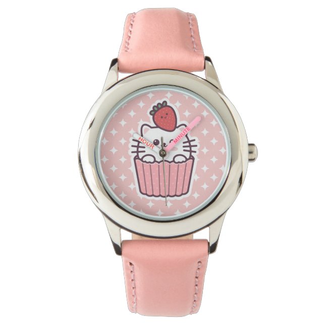 Cute Kawaii Strawberry Cat Cupcake Cartoon Watch (Front)