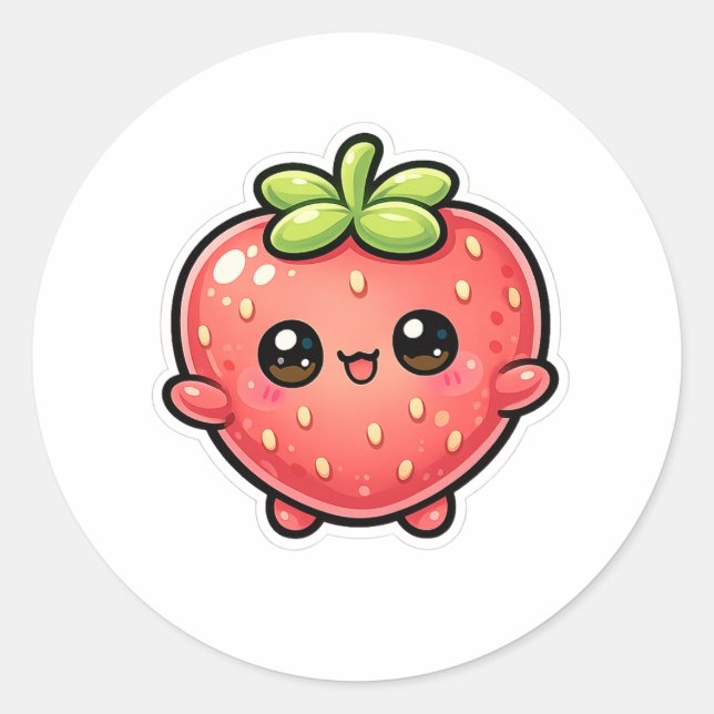 Cute Kawaii Strawberry Character Classic Round Sticker (Front)
