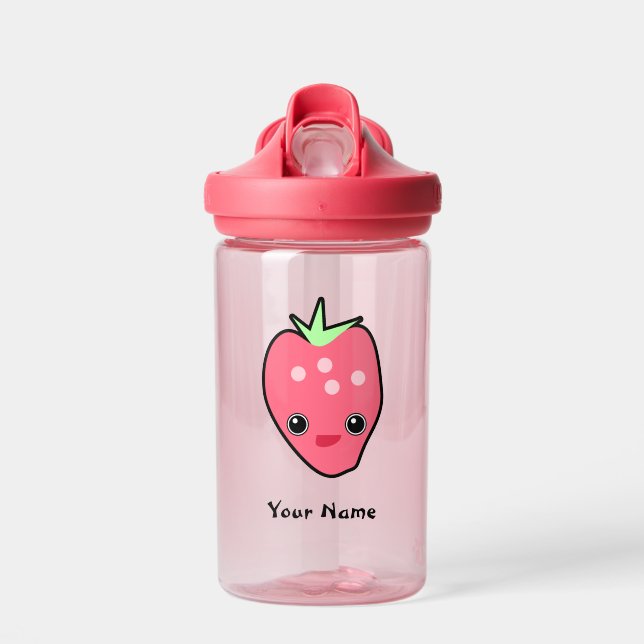 Cute Kawaii Strawberry Clear Pink Kids monogrammed Water Bottle (Front)