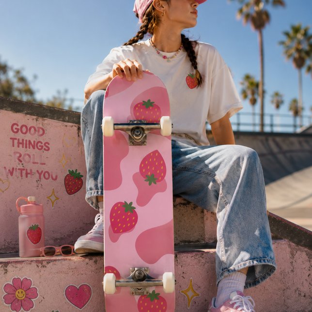 Cute Kawaii Strawberry Cow Pattern Skateboard (Creator Uploaded)