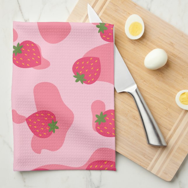 Cute Kawaii Strawberry Cow Pattern Tea Towel (Quarter Fold)