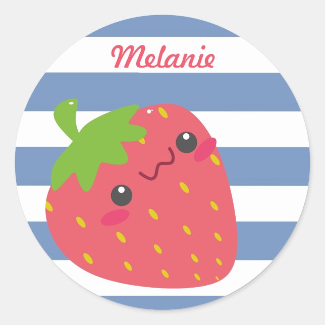 Cute Kawaii Strawberry Striped Personalised Classic Round Sticker (Front)