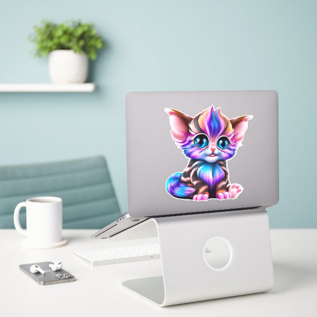 Cute Kawaii Striped Baby Kitten   (Laptop On Desk)