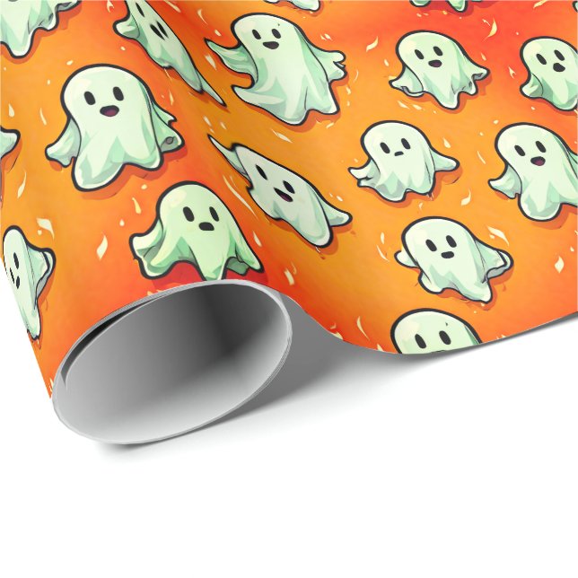 Cute Kawaii Style Ghosts on Orange Wrapping Paper (Roll Corner)