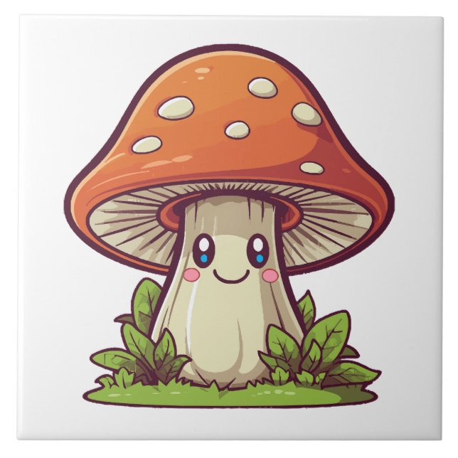 Cute kawaii style, Mushroom foraging Ceramic Tile (Front)