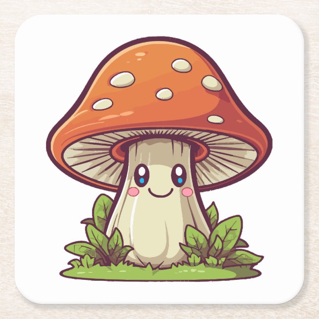 Cute kawaii style, Mushroom foraging Square Paper Coaster (Front)
