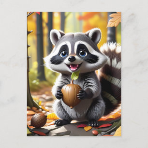Cute Kawaii style Raccoon Autumn Setting Postcard