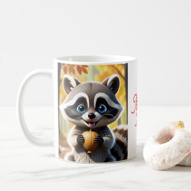 Cute Kawaii style Raccoon holding an acorn  Coffee Mug (With Donut)