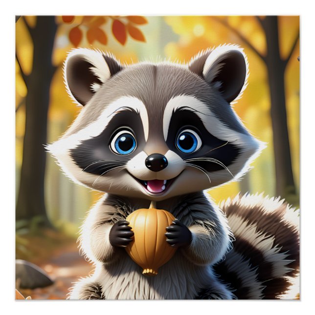 Cute Kawaii style Raccoon holding an acorn  Poster (Front)