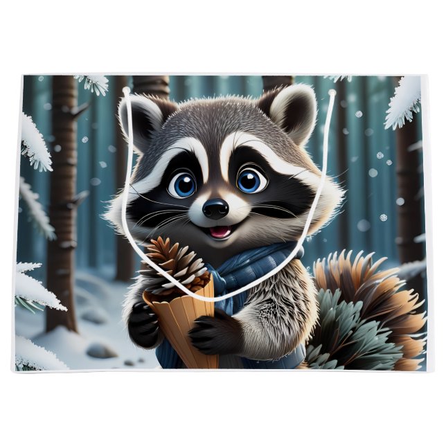 Cute Kawaii style Raccoon with a Pine cream cone  Large Gift Bag (Front)
