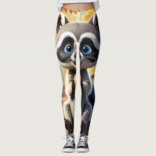 Cute Kawaii style Racoon holding an acorn Leggings