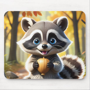 Cute Kawaii style Racoon holding an acorn Mouse Pad