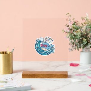 Cute Kawaii Summer Blue Whale Heart SunglasSticker Acrylic Sign