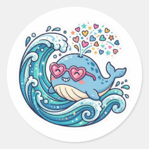 Cute Kawaii Summer Blue Whale Heart SunglasSticker Classic Round Sticker