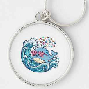 Cute Kawaii Summer Blue Whale Heart SunglasSticker Key Ring