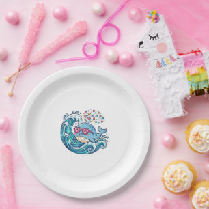 Cute Kawaii Summer Blue Whale Heart SunglasSticker Paper Plate