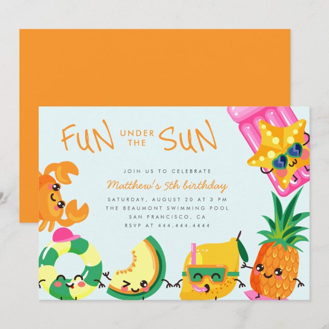 Cute Kawaii Summer Fun Under The Sun Kids Birthday Invitation (Front/Back)