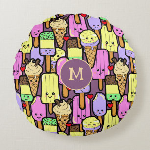 Cute Kawaii Summer Popsicles Monogram Round Cushion