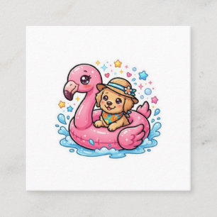 Cute Kawaii Summer Puppy Flamingo Pool FloaSticker Square Business Card
