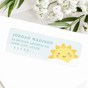 Cute kawaii sun and pastel clouds return address label
