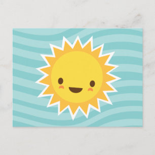 Cute kawaii sun cartoon character on blue postcard