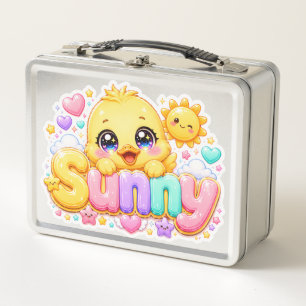 Cute Kawaii Sunny Chick Name Pastel Pink Sparkling Metal Lunch Box