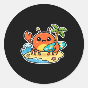 Cute Kawaii Surfing Crab Aloha Beach Summer Classic Round Sticker