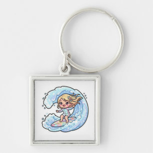 Cute Kawaii Surfing Girl Ocean Wave Summer Beach S Key Ring