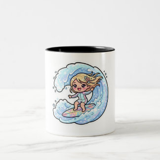 Cute Kawaii Surfing Girl Ocean Wave Summer Beach S Two-Tone Coffee Mug