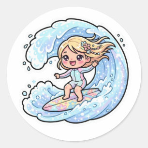 Cute Kawaii Surfing Girl Ocean Wave Summer Sticker