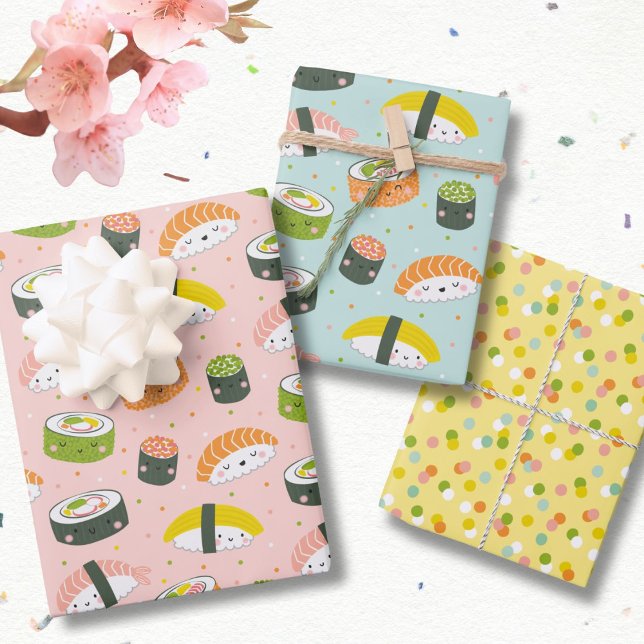 Cute Kawaii Sushi and dots Wrapping Paper Sheet (Creator Uploaded)