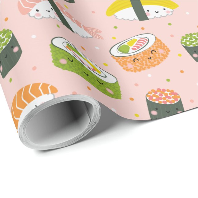 Cute Kawaii Sushi on light pink Wrapping Paper (Roll Corner)
