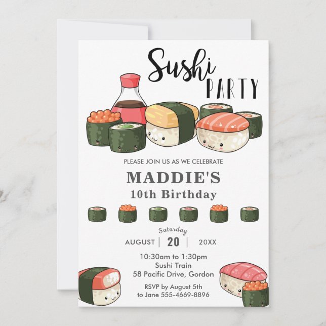 Cute Kawaii Sushi Party Girl Birthday Invitation (Front)