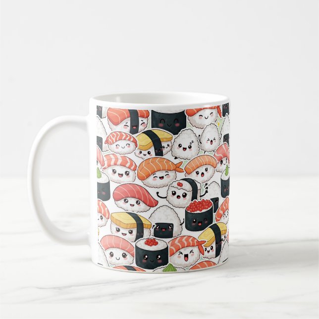 Cute Kawaii Sushi Pattern Coffee Mug | Fun Foodie (Left)